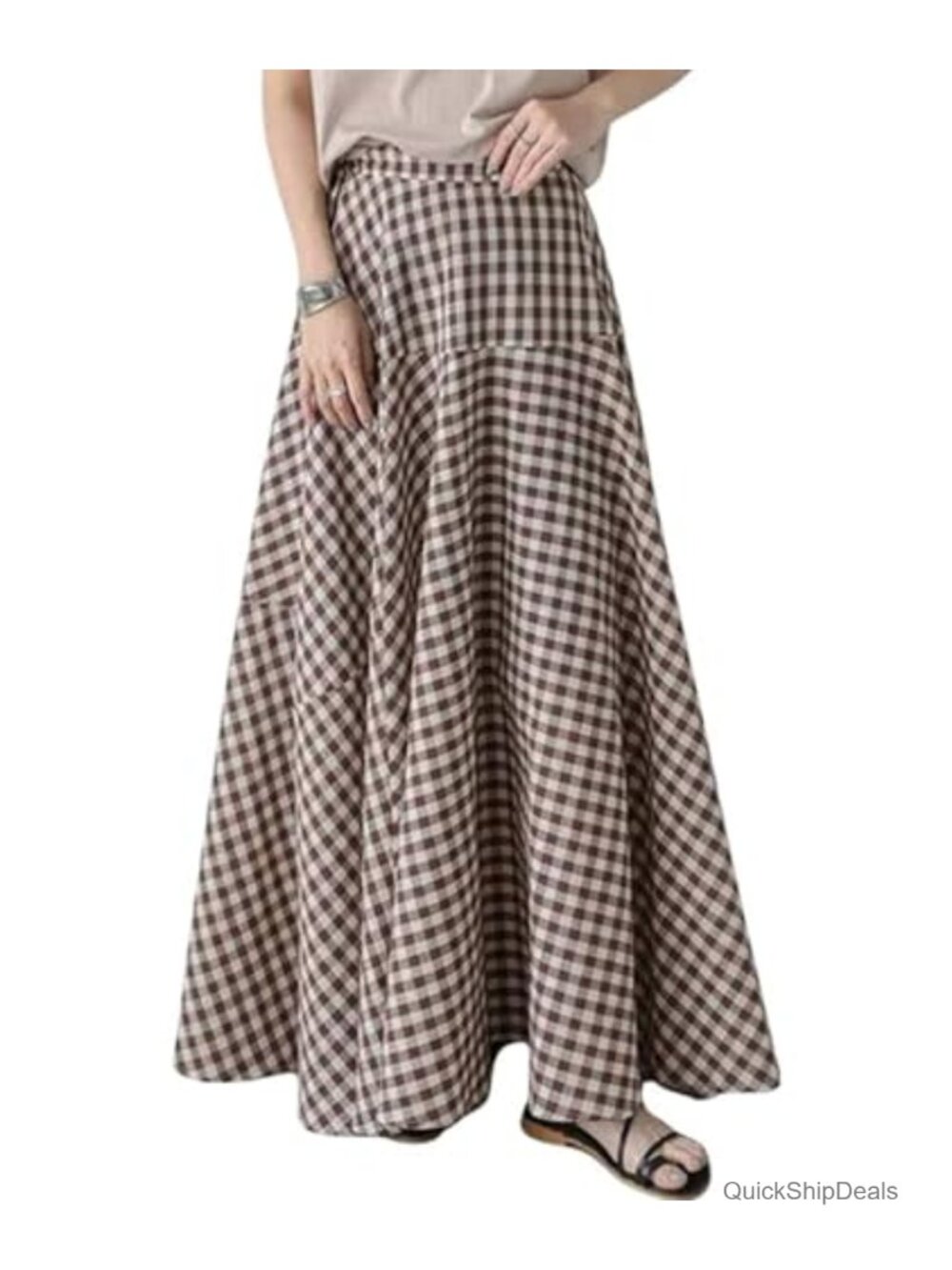 Women Flowy Plaid Gingham Long Maxi Skirt Pleated Tiered A-Line